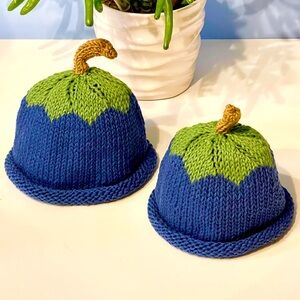 Blue and Green Hand-knit Maine Blueberry Beanie Hat with tan knit stem!